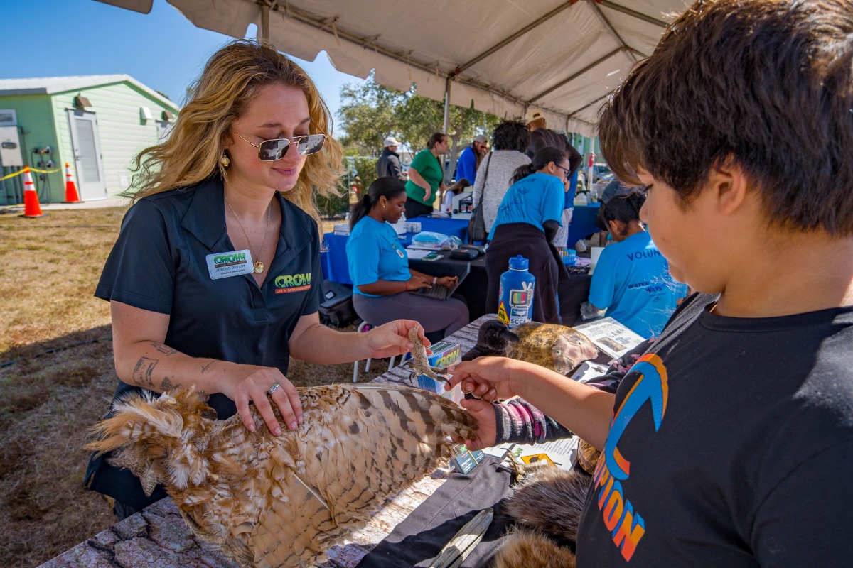 A CROW staff member shows a boy an owl wing and talon at a wildlife education table at the Waterways Festival.